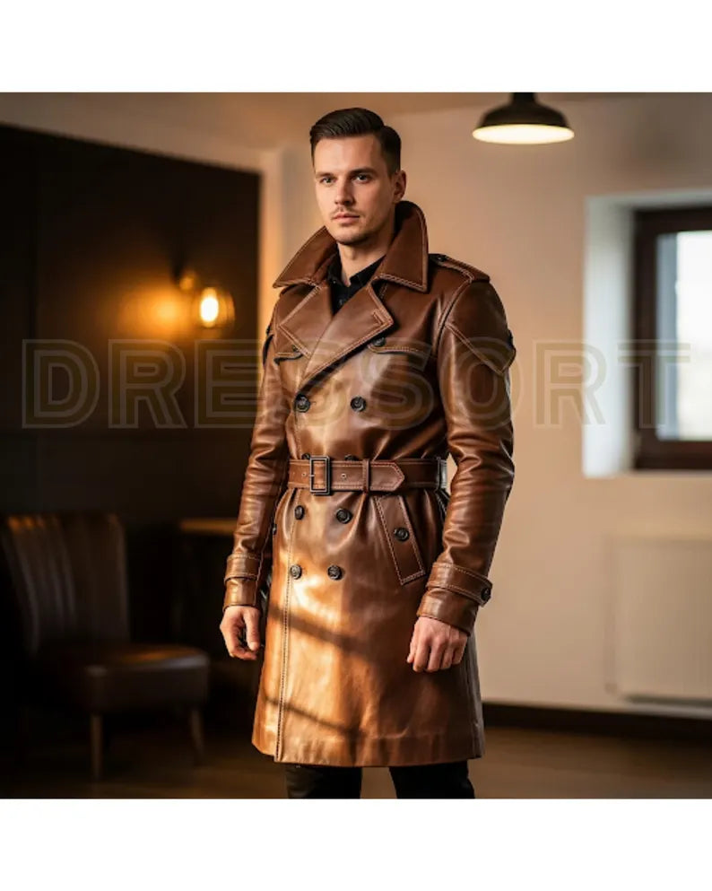 The Heritage Trench — Handcrafted Brown Leather Military Coat
