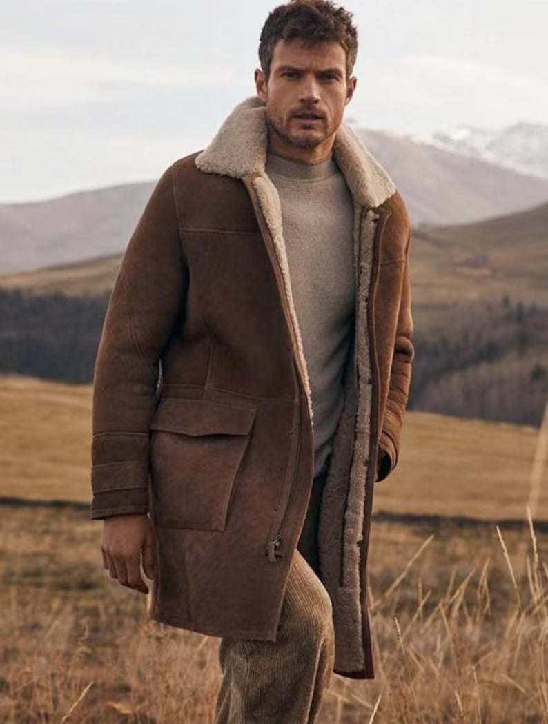 Arctic Aviator — Handmade Vintage Shearling Suede Coat for Men